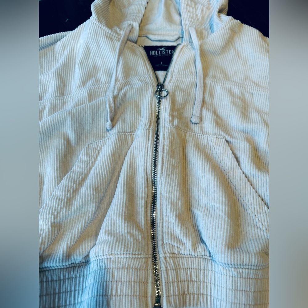 Hollister Cropped Jacket Hooded Corduroy Full Zip Womens Large Ivory - Picture 8 of 9